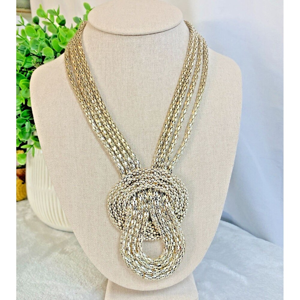 Vintage Silver Tone Mesh Knot Statement Necklace Bold Layered Runway Style